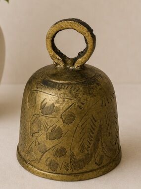 Vintage Brass Etched Leaf Floral Ceremony Bell from India